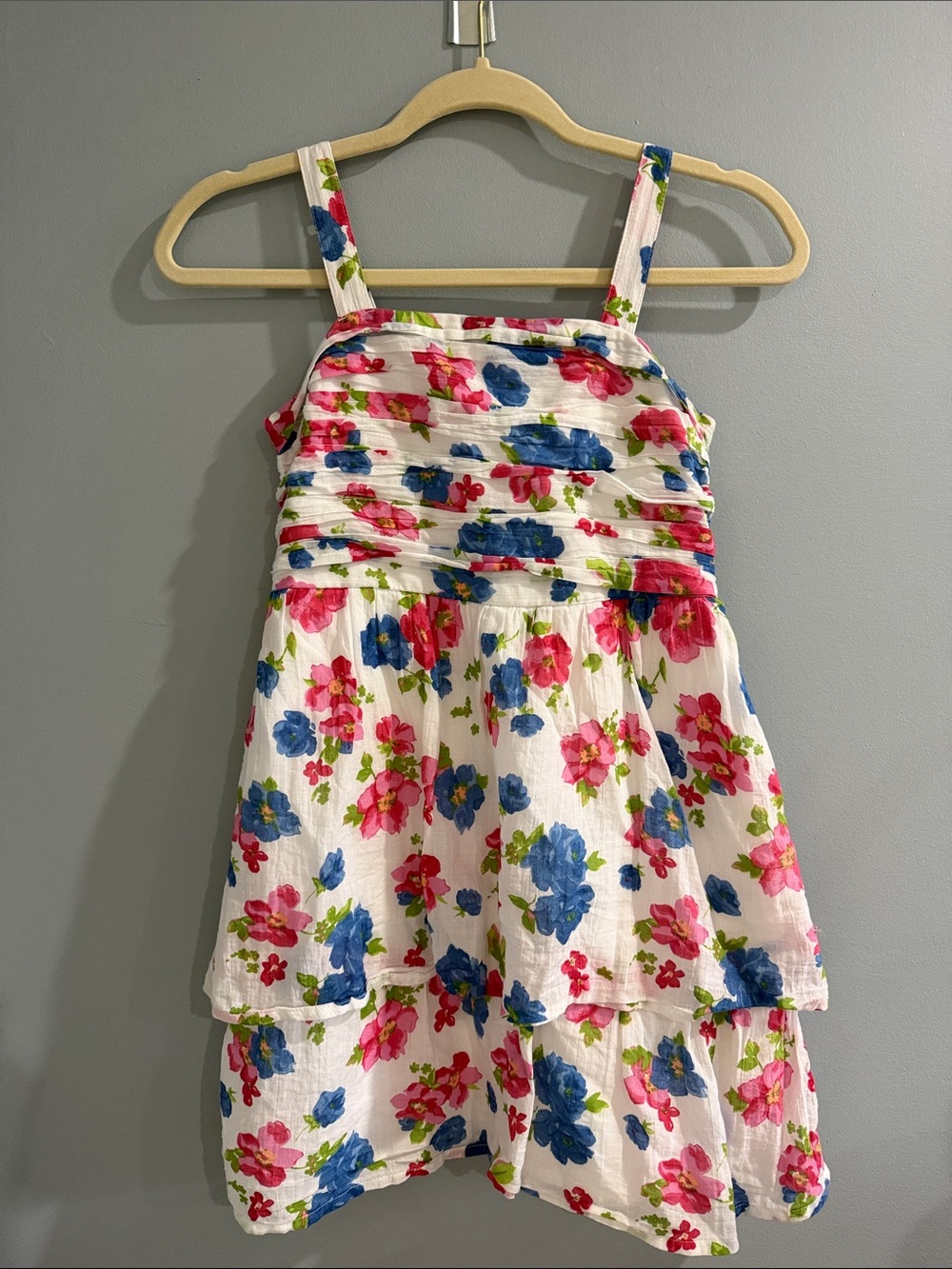 abercrombie kids White Floral Tiered Dress with Pink & Blue Blossoms